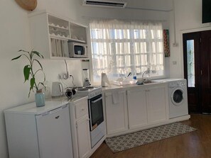 Kitchen features an oven, microwave, and washing machine, with a large window and potted plant.