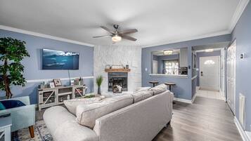 TV, fireplace