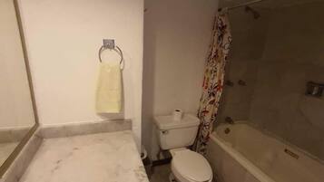 A bathroom with a bathtub, toilet, and shower.