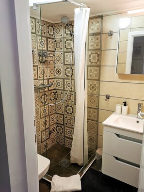 Shower, hair dryer, towels, soap