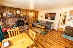 Smart TV, fireplace, books, music library