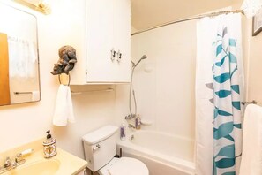 Combined shower/bathtub, hair dryer, towels, soap