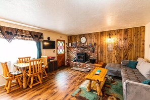 Smart TV, fireplace, books, music library