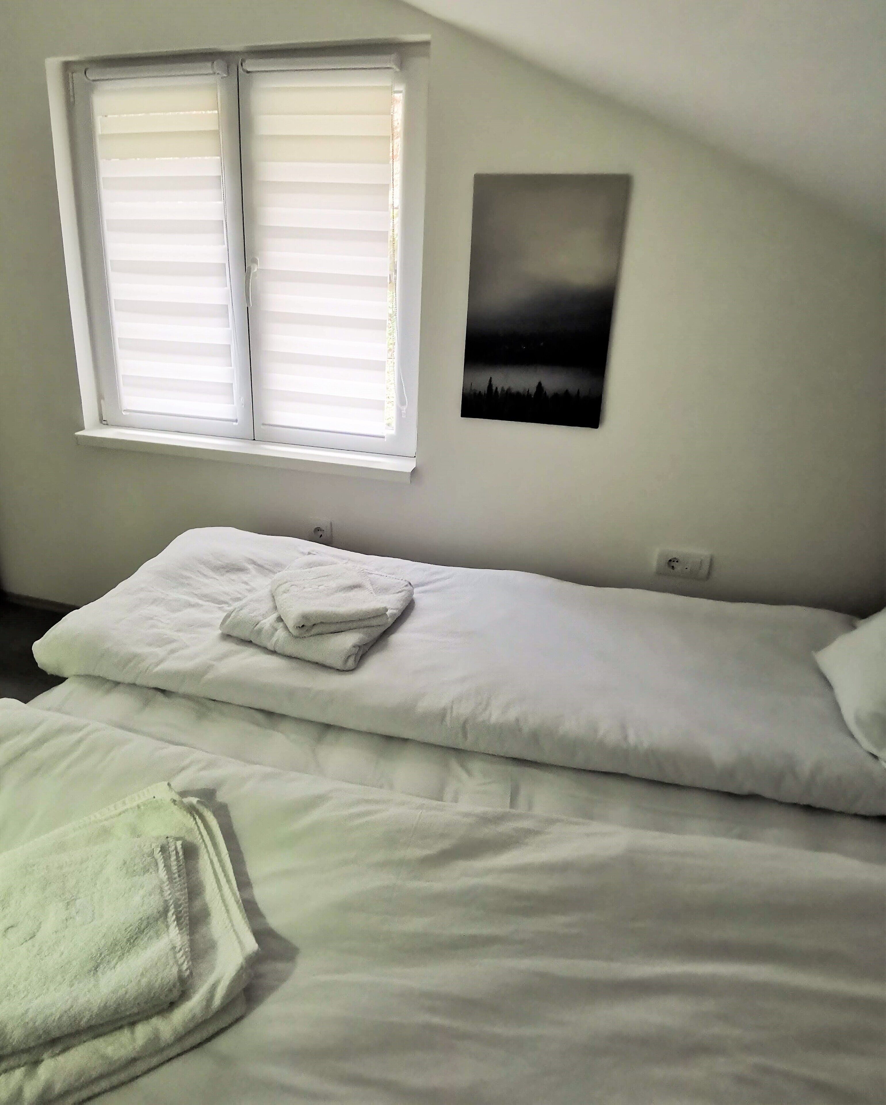 A bedroom with a bed, a window with blinds, a wall-mounted power outlet, and a framed picture.