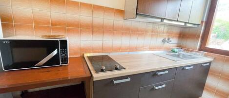 Fridge, microwave, stovetop, cookware/dishes/utensils