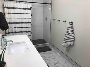 Shower, hair dryer, towels, soap