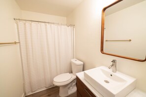 A bathroom with a toilet, a sink, a mirror, and a shower curtain.