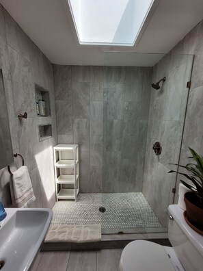 Douche, sèche-cheveux, serviettes fournies, savon