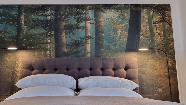 A bedroom with a large bed, a tufted headboard, and a forest-themed wall mural.
