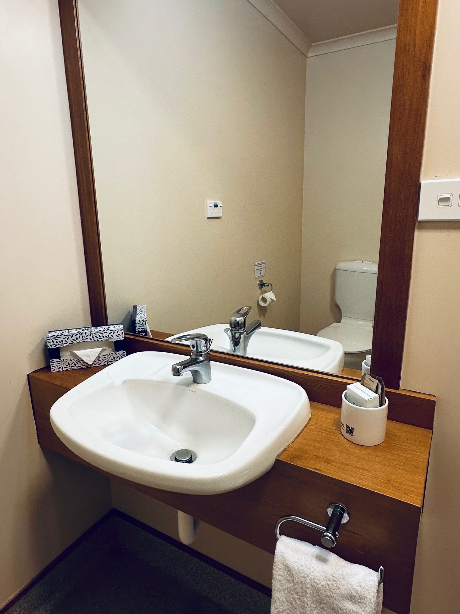 Un baño de hotel con dos lavamanos, un espejo, un perchero para toallas y una caja de pañuelos.