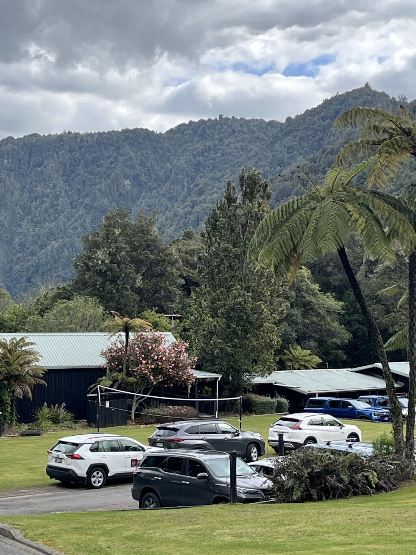 A parking area with several cars, a building with a green roof, and a mountainous backdrop.