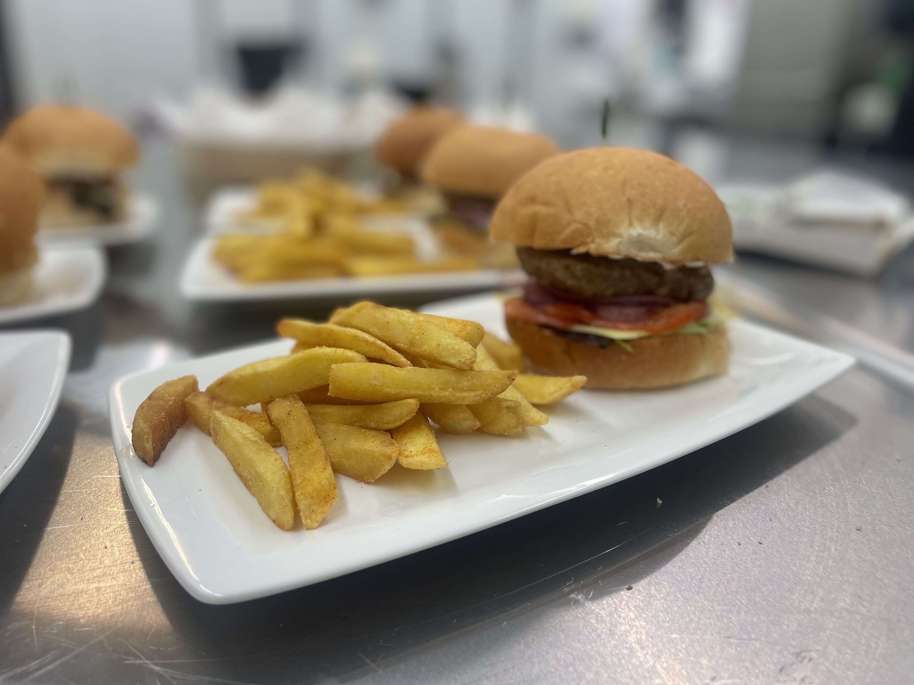 Un plato con papas fritas y una hamburguesa.