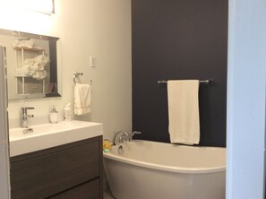 Bathtub, hair dryer, towels, soap