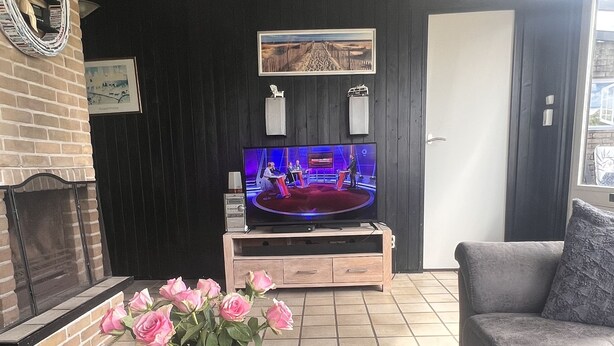 Un soggiorno con televisione, camino, divano e tavolino da caffè con un vaso di fiori.
