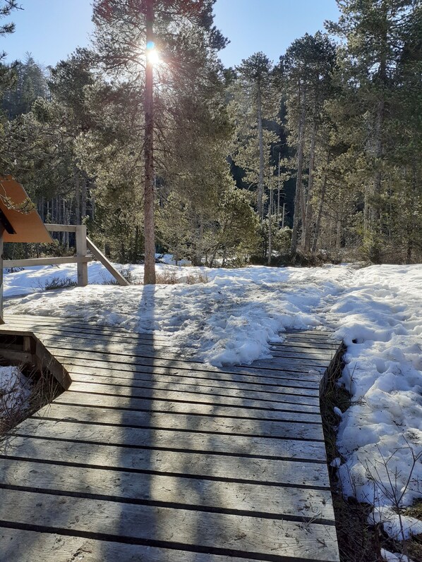 A wooden deck with snow, surrounded by trees and a wooden structure in the background.