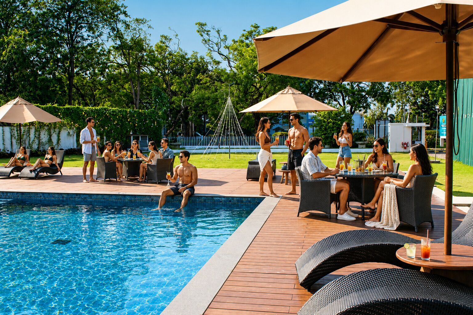 Outdoor pool, pool umbrellas