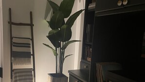 Een kamer met een houten ladder, een grote plant in pot, een boekenkast en een comfortabele bank.