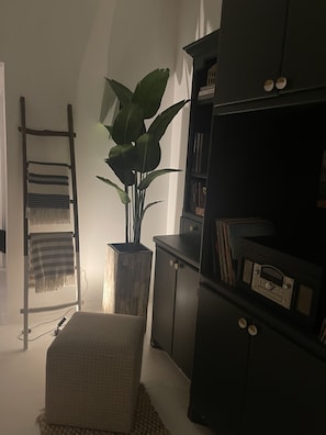 A room with a wooden ladder, a large potted plant, a bookshelf, and a cushioned bench.
