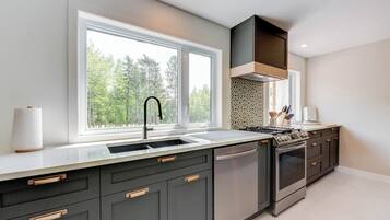 Fridge, microwave, oven, stovetop