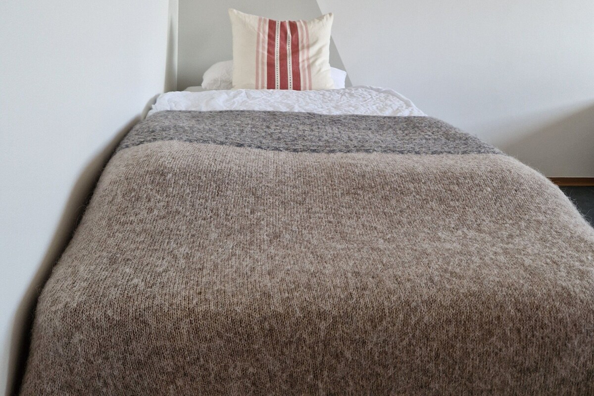Een slaapkamer met een bed, een kledingrek en een schuine balkenkap.