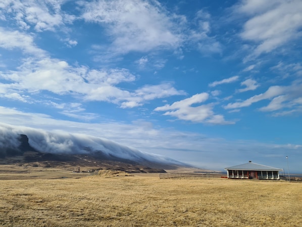 A rural landscape with a house and a field. - Hótel Hvítserkur (Hvammstangi)