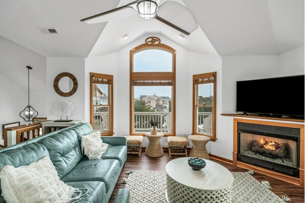 TV, fireplace, foosball