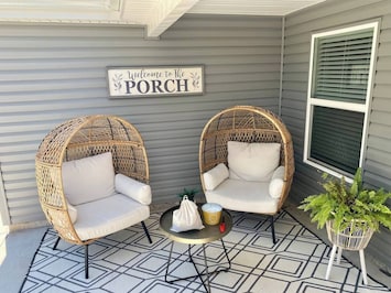 Egg chair seating area on the back patio!
