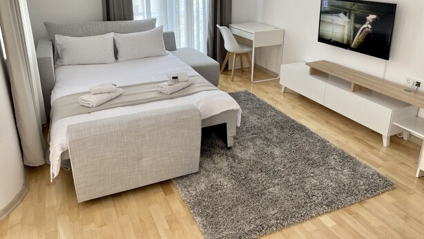 Una habitación de hotel moderna con una cama grande, un escritorio, un televisor y una alfombra gris.