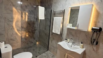 A modern bathroom with a glass-enclosed shower, a white sink with a mirror above, and a toilet with a paper towel holder.