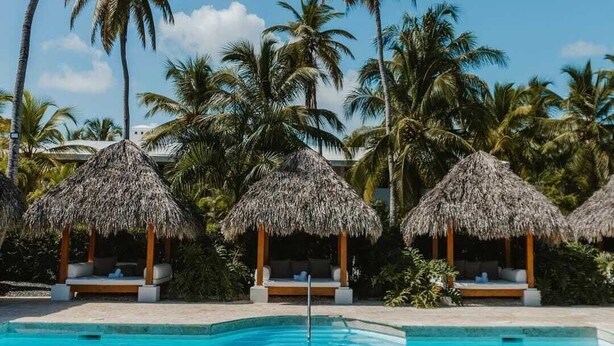 Un área de piscina con cabañas de techo de paja y palmeras.