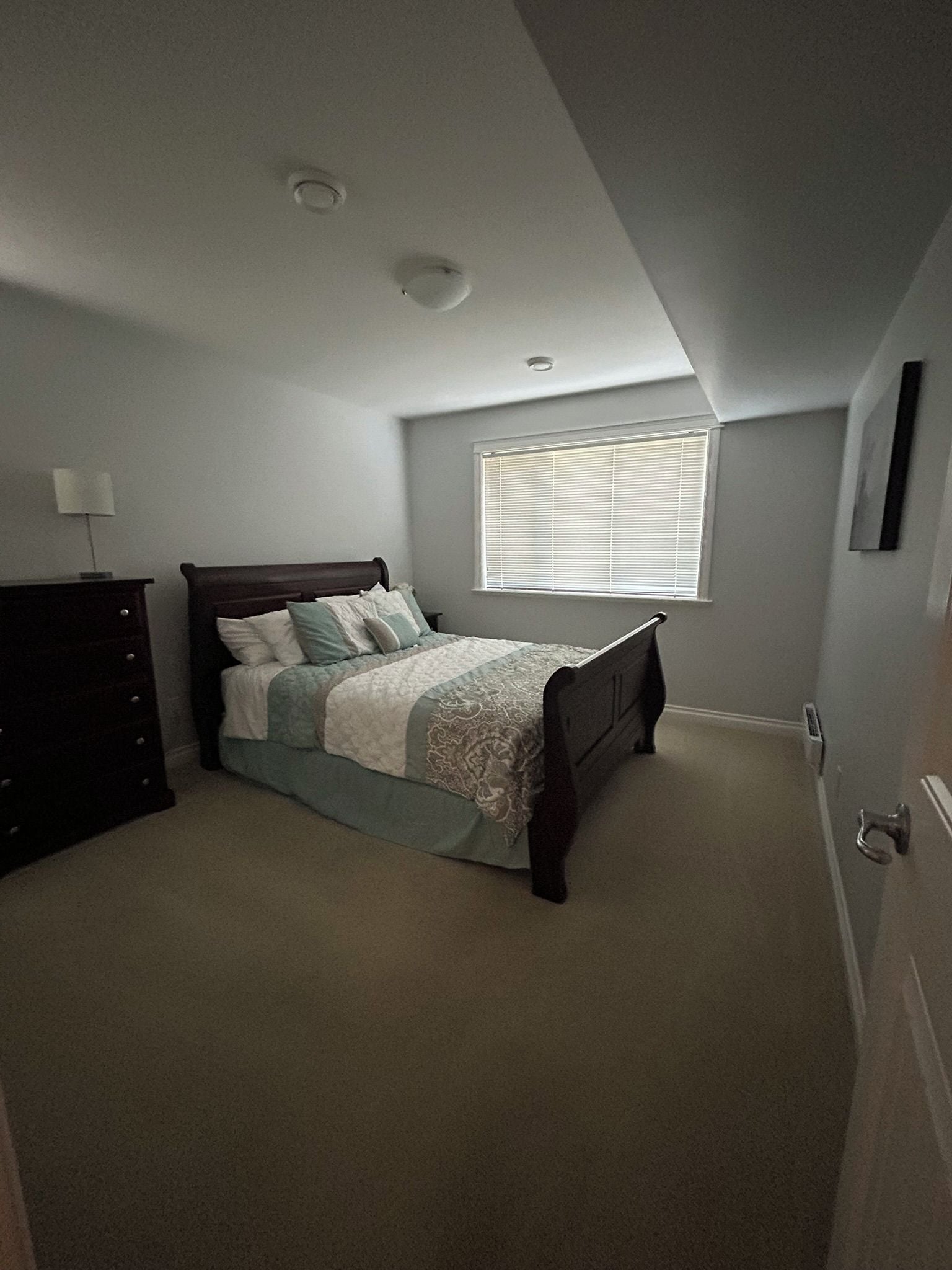 Un dormitorio con cama, cómoda, ventana y luz de techo.