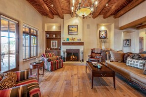 TV, fireplace, books, stereo