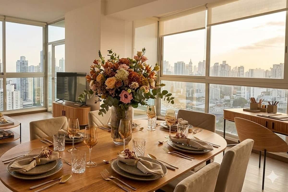 Ein Essbereich mit Blick auf die Stadt, eine Couch, ein Fernseher und eine Vase mit Blumen.