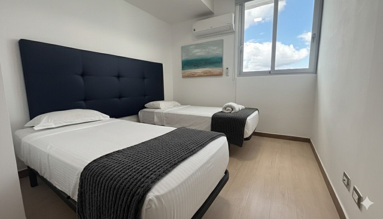Una habitación de hotel con dos camas, un ventanal con vista a la playa y un ventilador de techo.