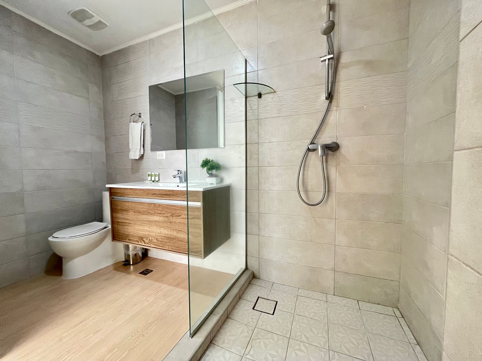 Une salle de bain moderne avec une douche à parois de verre, un meuble-lavabo en bois et des toilettes.