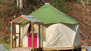 A small, single-room tent with a green roof and a wooden door, set on a gravel path with grass around.