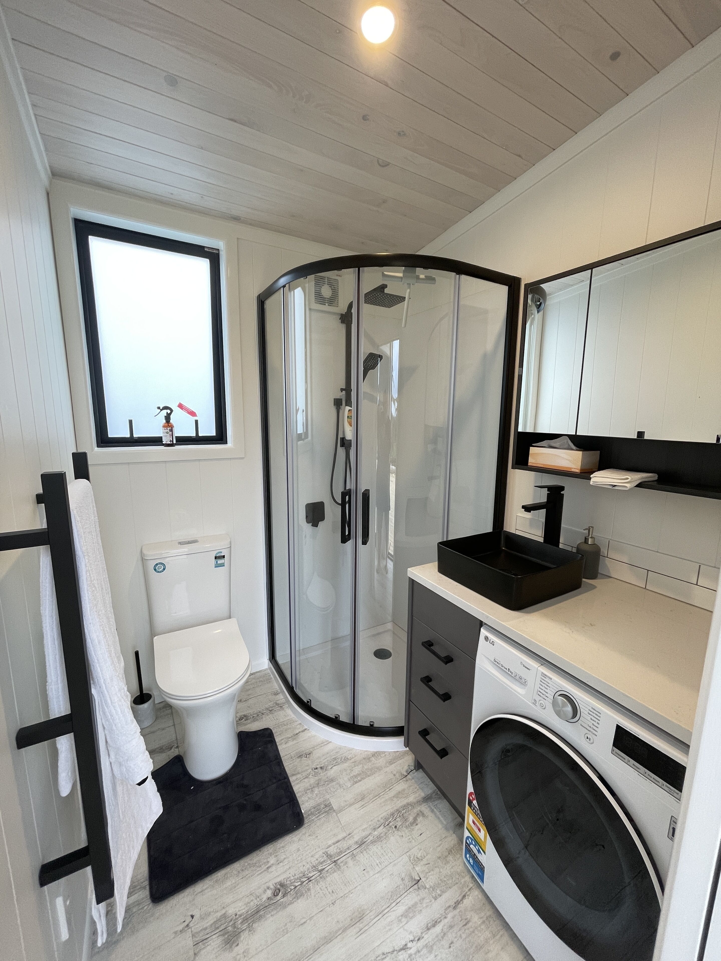 Duschwanne, Haartrockner, Handtücher, Seife