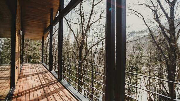 Um deck de madeira com guarda-corpos de metal com vista para uma área arborizada.