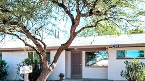 A single-story house with a front door, a mailbox, and a tree in the front yard. - Comfortable Spacious Newly Renovated 3br-2ba House (Tucson)