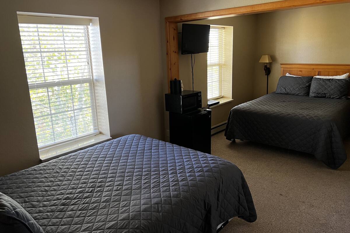 A bedroom with two beds, a TV, and a window with blinds.