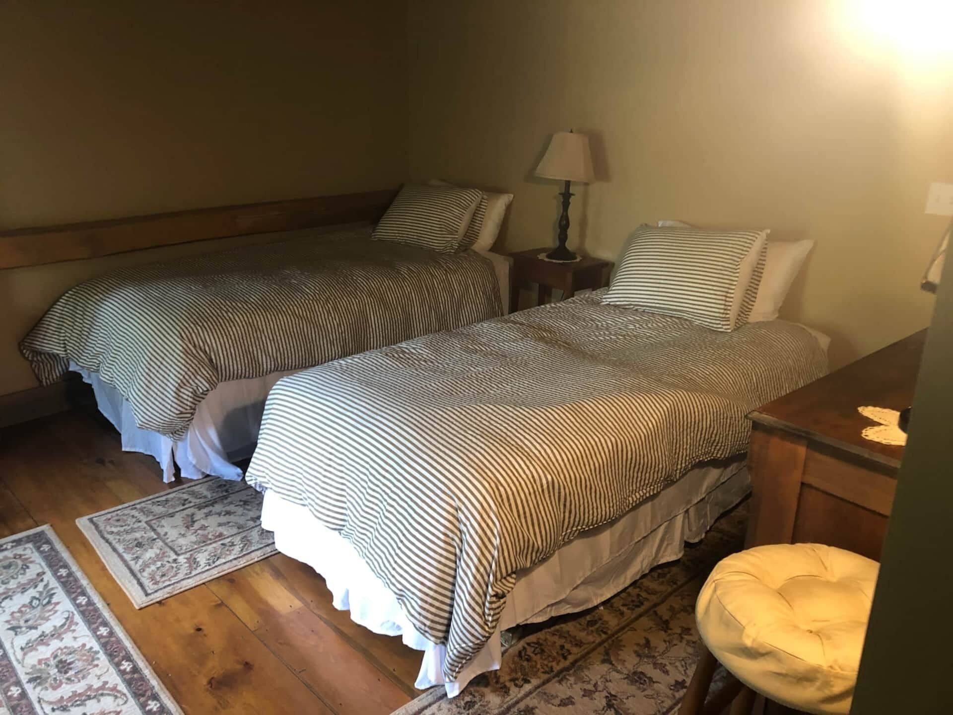 Ein Zimmer mit zwei Einzelbetten, einem Nachttisch mit Lampe, einem Sessel und einem gemusterten Teppich.