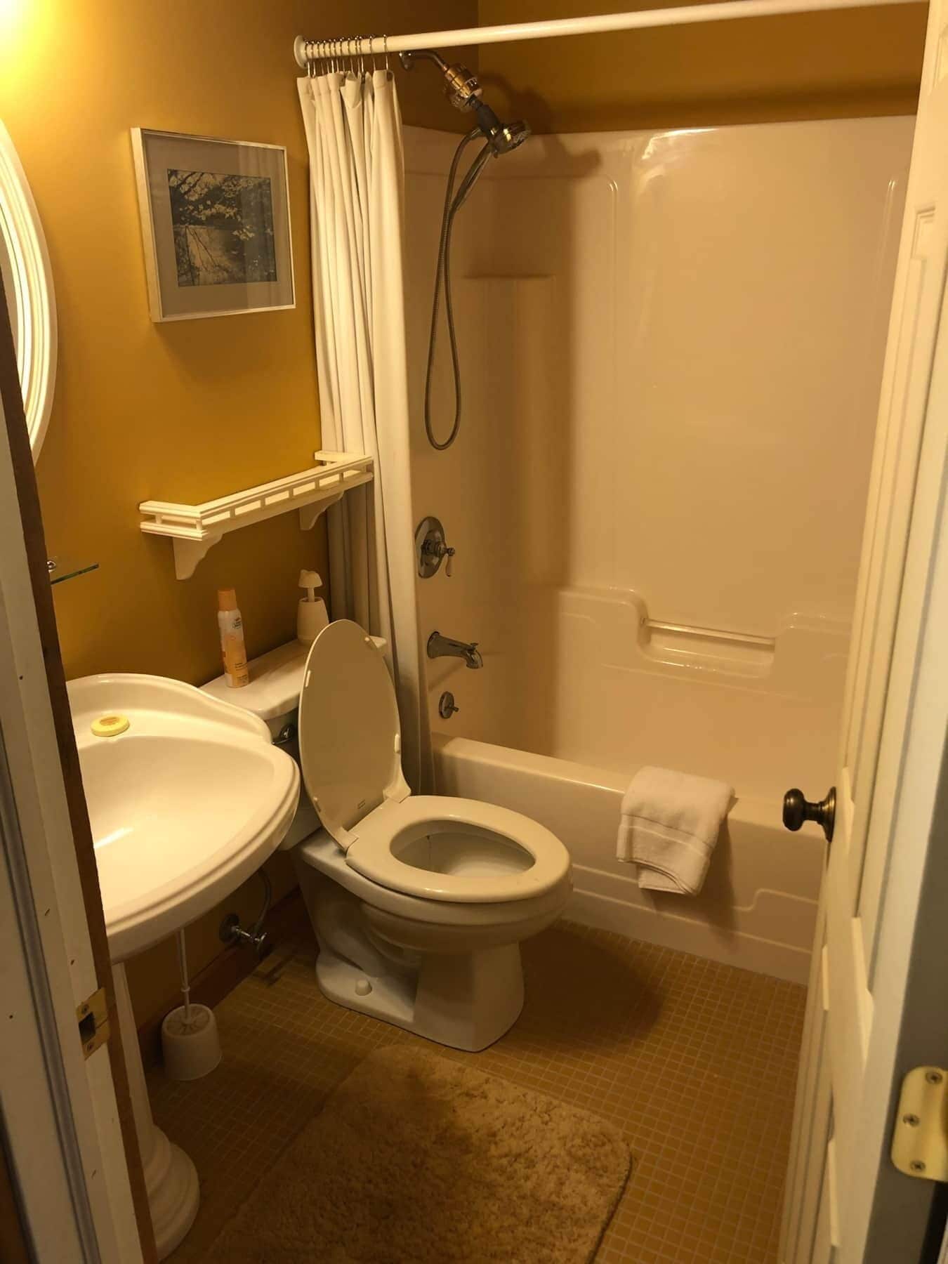 Un baño con inodoro, lavamanos y ducha.