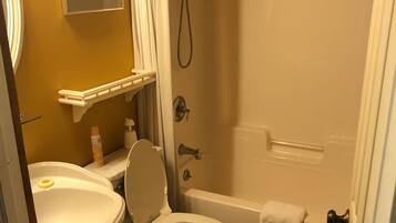 Un baño con inodoro, lavamanos y ducha.