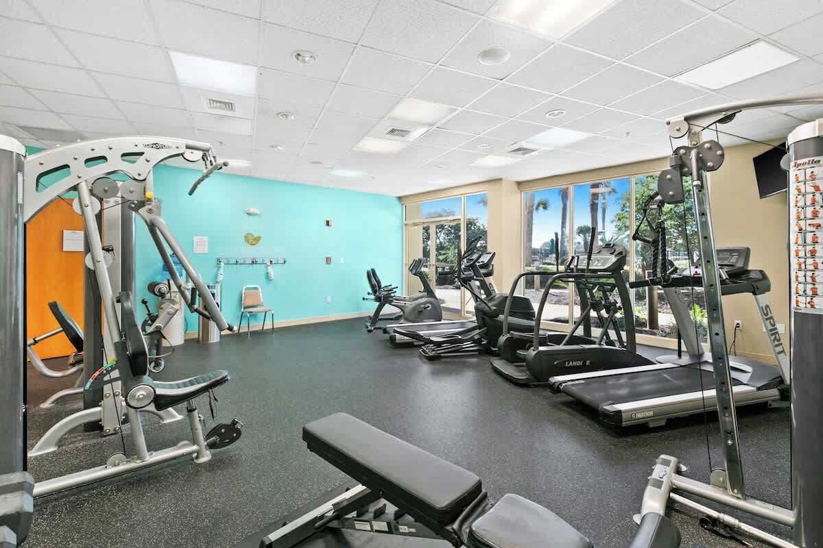 A gym with various exercise equipment, including treadmills and weight machines, in a room with large windows and a teal wall.