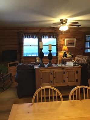 Smart TV, fireplace, DVD player, books