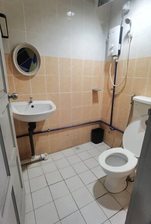 Ein kleines Badezimmer mit einem weißen Waschbecken, einer Toilette und einer Dusche.