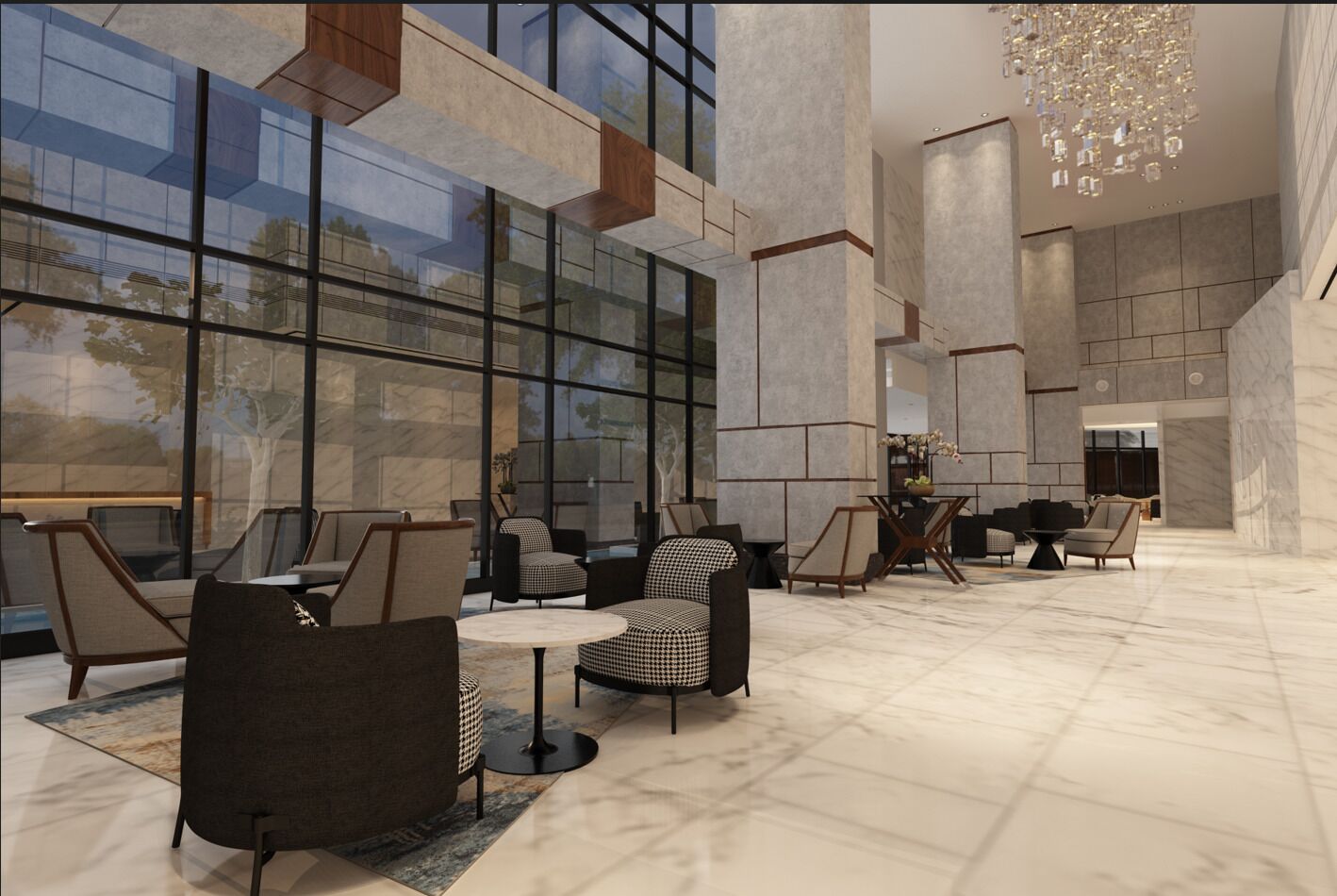A spacious lobby with modern furniture, large windows, and a high ceiling with a unique chandelier.