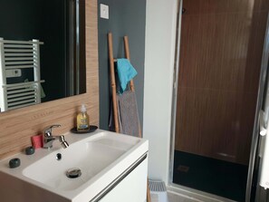 Shower, hair dryer, towels