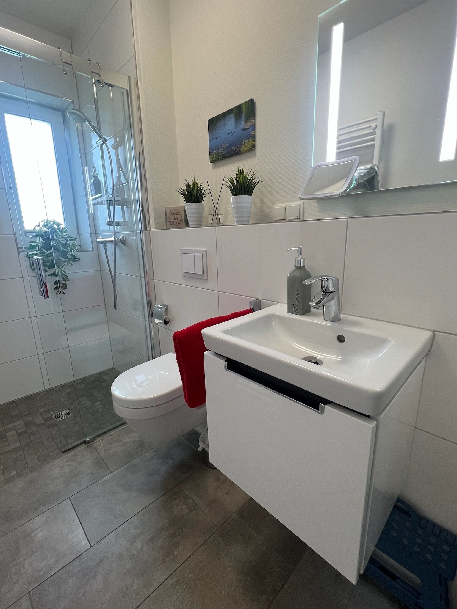 A modern bathroom with a glass shower enclosure, a white sink, and a toilet.