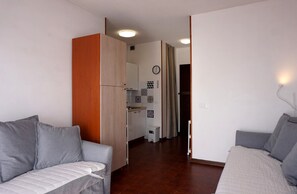 A compact living space with a kitchenette, two grey sofas, and a wooden cabinet. - Cozy Studio With Shared Pool (Caorle)